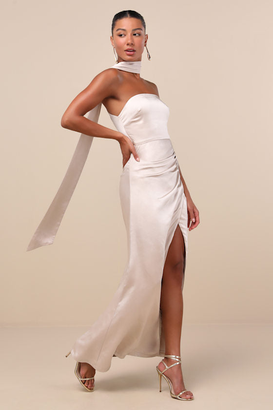 Maritza Champagne Satin Sash Tulip Maxi Dress