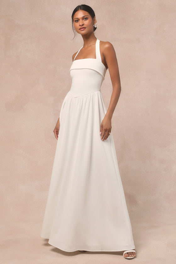 Telia White Halter Basque Waist Maxi Dress