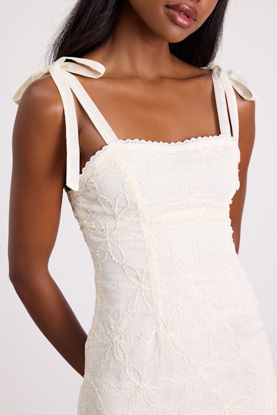Mizuki Cream Embroidered Tie-Strap Mini Dress