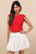 Kirsty White Tiered Drawstring Bubble-Hem Mini Skirt