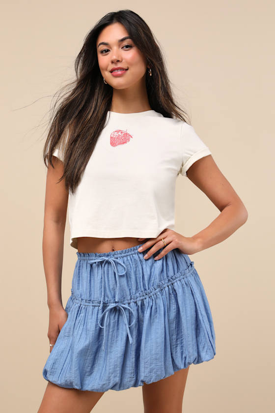 Kirsty Blue Striped Tiered Drawstring Bubble-Hem Mini Skirt