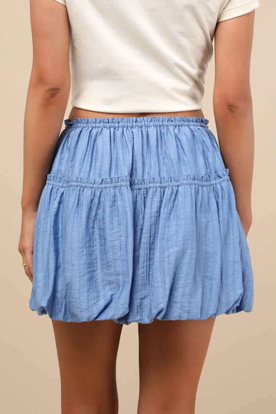 Kirsty Blue Striped Tiered Drawstring Bubble-Hem Mini Skirt