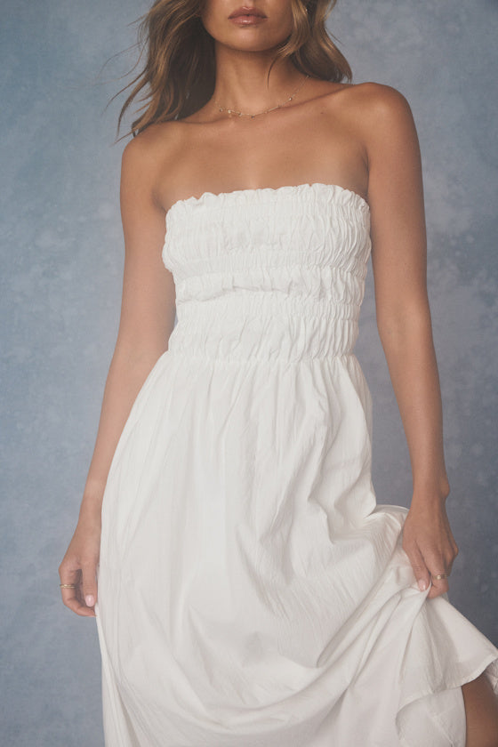 Ania White Strapless Smocked Midi Dress