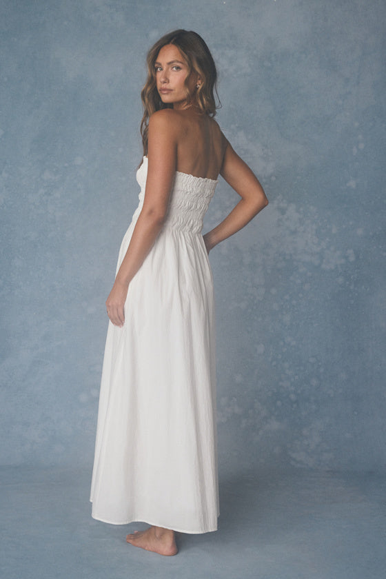 Ania White Strapless Smocked Midi Dress