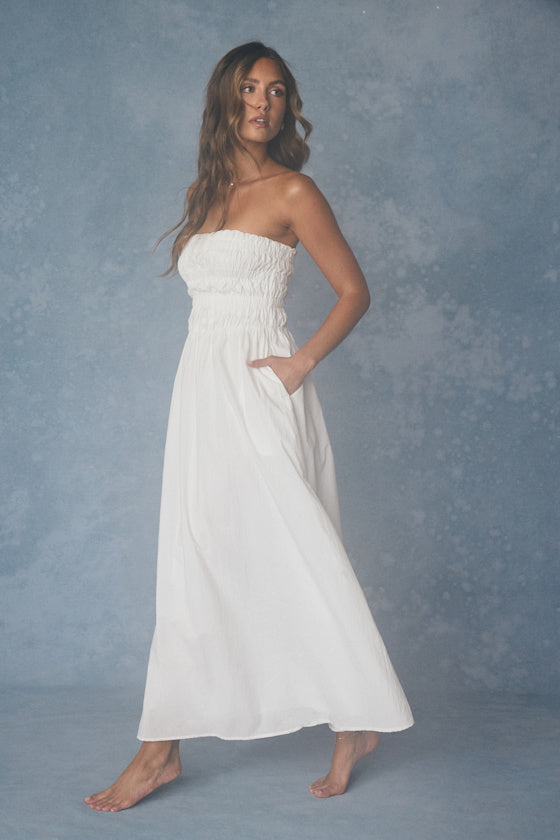 Ania White Strapless Smocked Midi Dress
