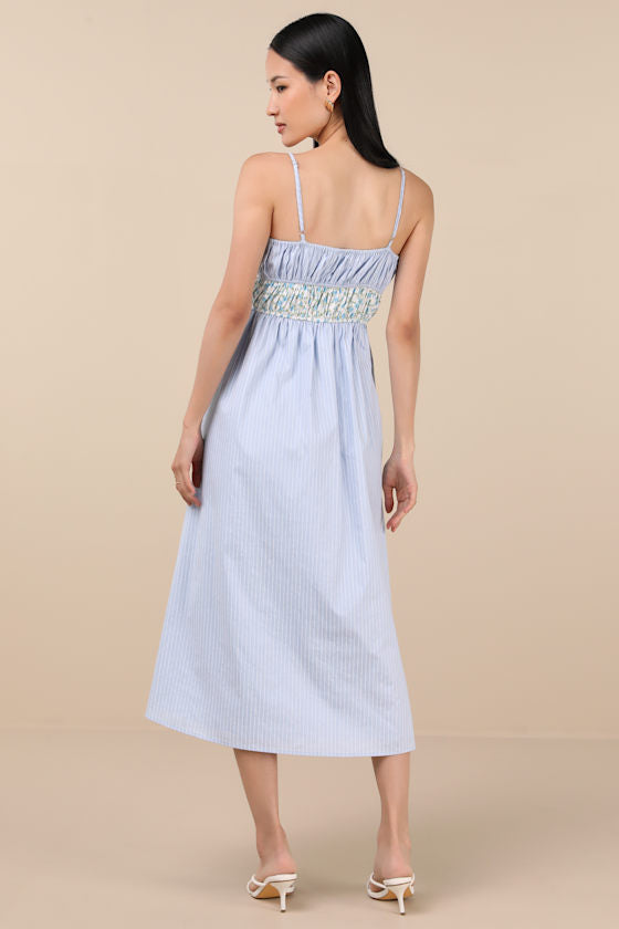 Shereen Blue Striped and Floral Sleeveless Poplin Midi Dress