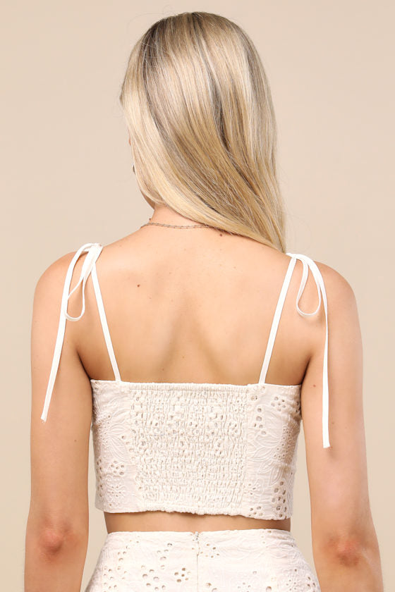 Kamilla Cream Eyelet Embroidered Tie-Strap Tank Top