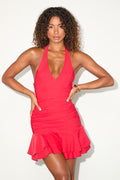 Dava Red Halter Drop Waist Ruffled Mini Dress