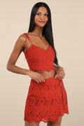 Kamilla Rust Red Eyelet Embroidered Mini Wrap Skirt