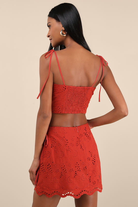 Kamilla Rust Red Eyelet Embroidered Mini Wrap Skirt