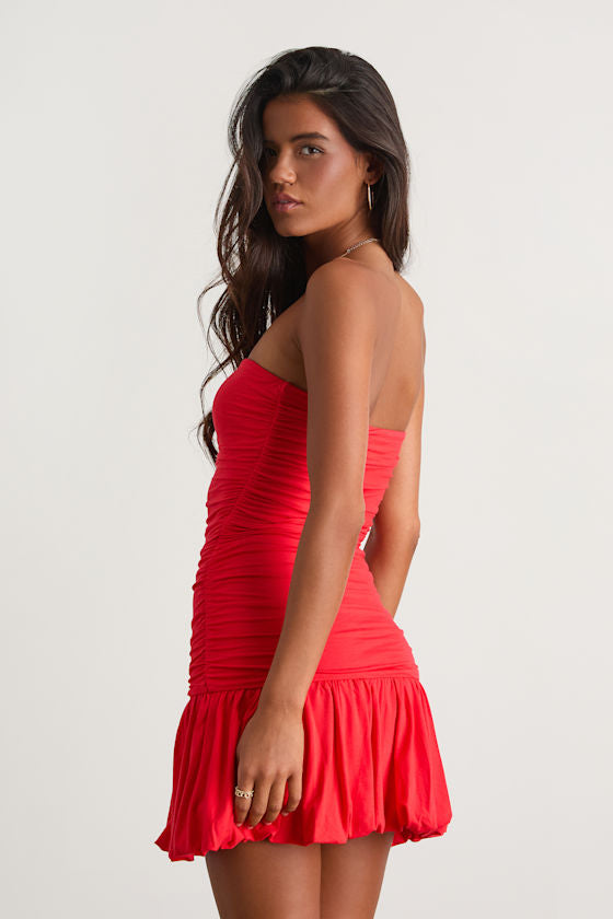 Calix Bright Red Strapless Ruched Bubble-Hem Mini Dress