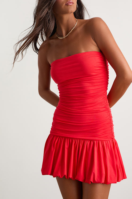 Calix Bright Red Strapless Ruched Bubble-Hem Mini Dress
