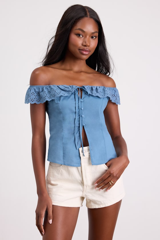 Alesana Blue Eyelet Embroidered Button-Front Top