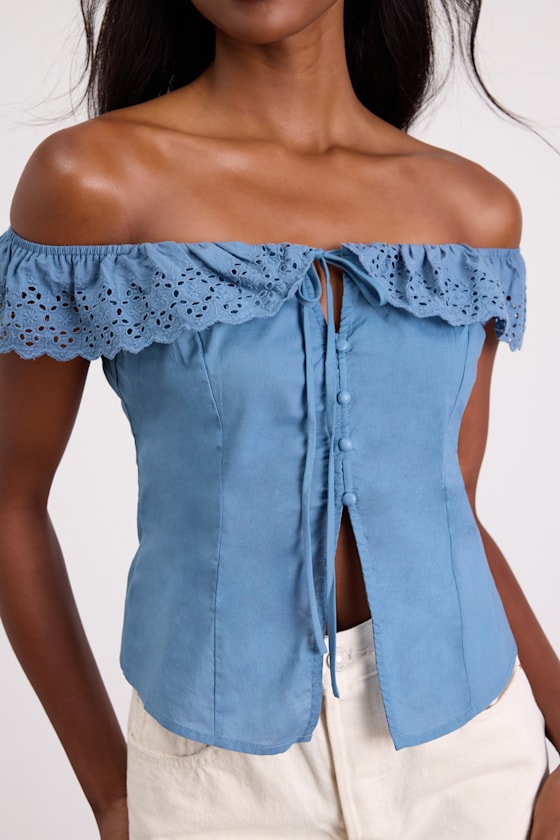 Alesana Blue Eyelet Embroidered Button-Front Top
