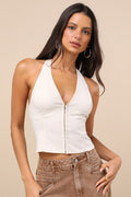 Astraia Light Heather Beige Hook-and-Eye Halter Top