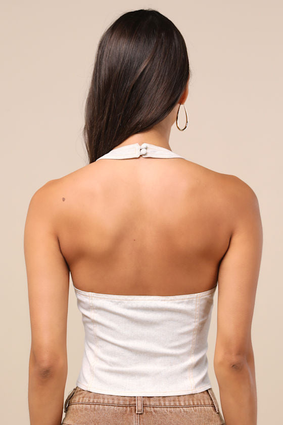 Astraia Light Heather Beige Hook-and-Eye Halter Top