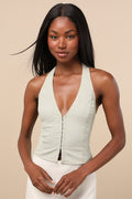 Astraia Sage Green Hook-and-Eye Halter Top