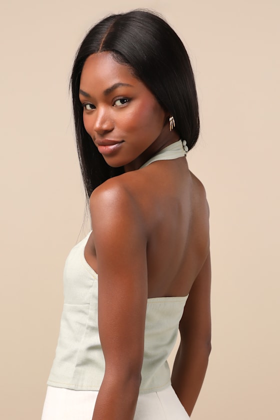 Astraia Sage Green Hook-and-Eye Halter Top