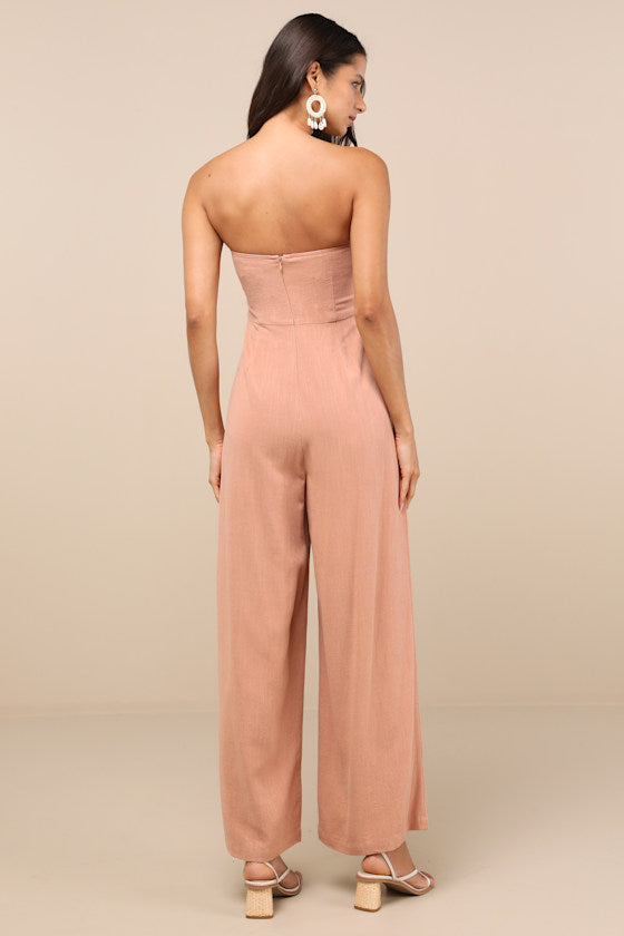Breezy Essential Light Brown Linen Wide-Leg Jumpsuit