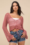 Saray Dusty Rose Loose Crochet Knit Lace-Up Sweater Crop Top