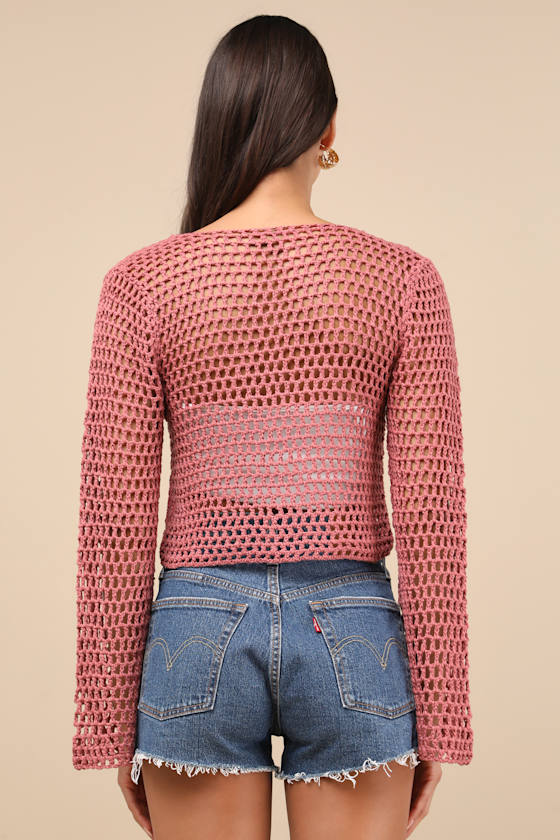 Saray Dusty Rose Loose Crochet Knit Lace-Up Sweater Crop Top