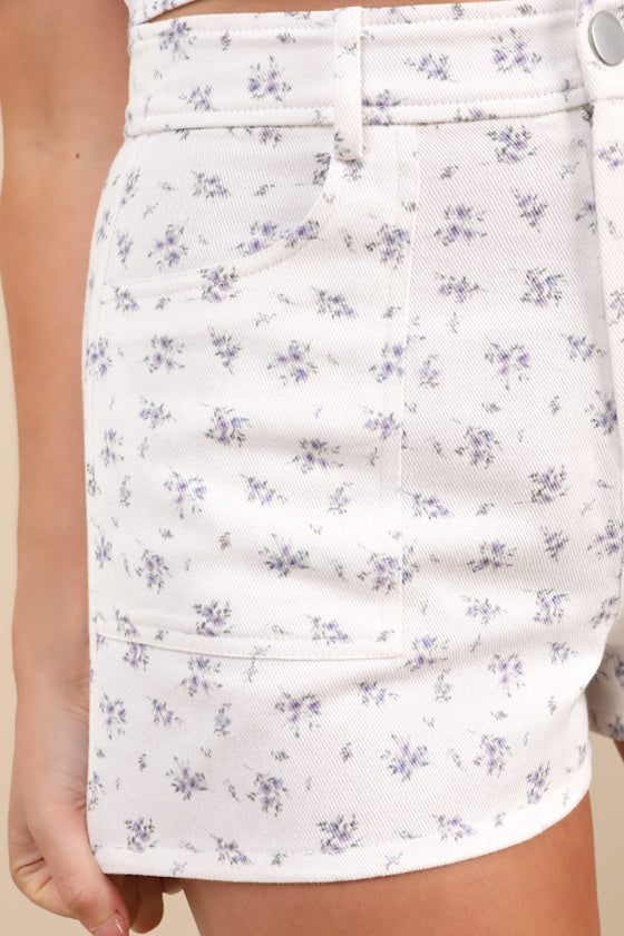 Hanan White Ditsy Floral High-Rise Twill Shorts
