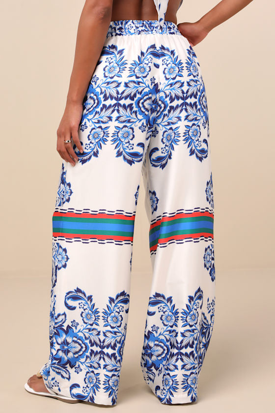 Tulla White and Blue Floral Satin Wide-Leg Pants