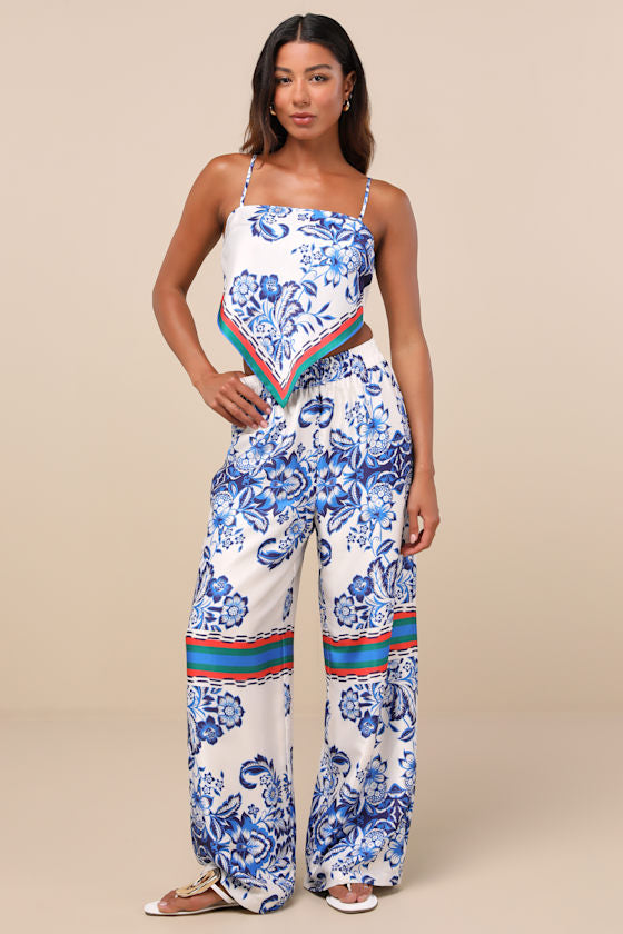 Tulla White and Blue Floral Satin Wide-Leg Pants