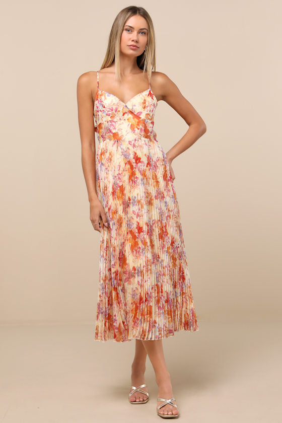 Alondra Light Yellow Multi Floral Pleated Midi Dress