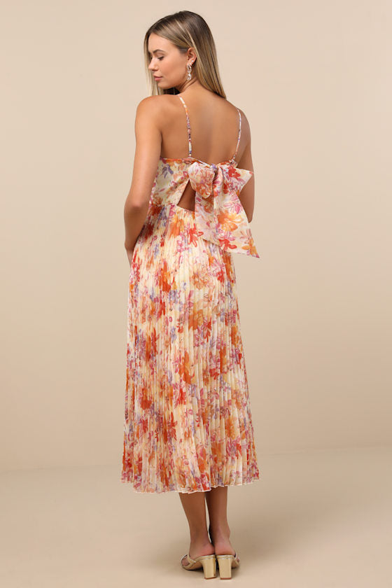 Alondra Light Yellow Multi Floral Pleated Midi Dress