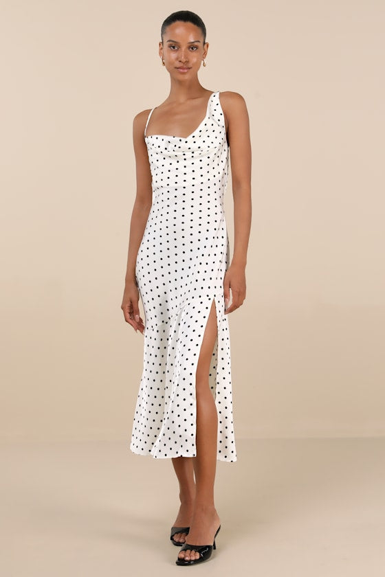 Matea White Polka Dot Satin Cowl Tie-Back Midi Dress