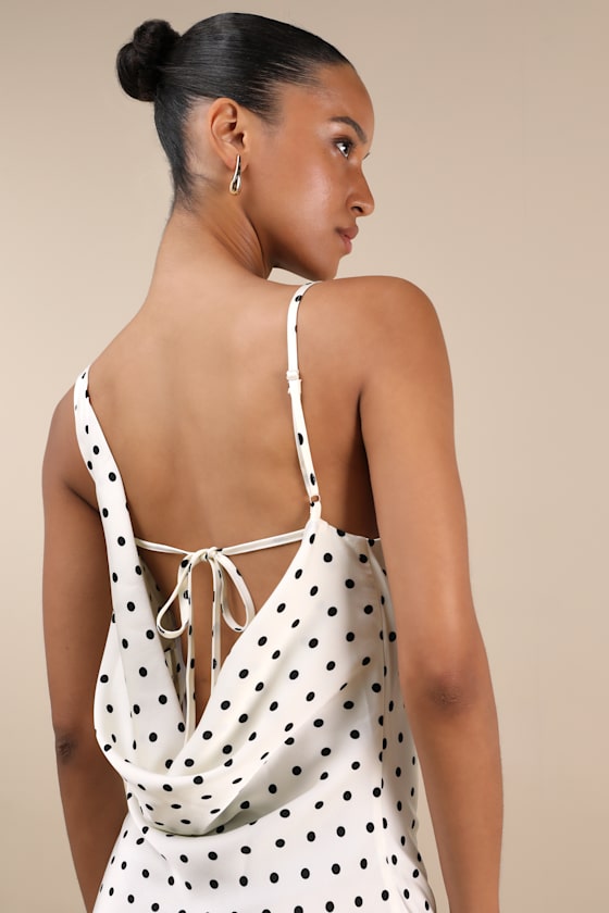 Matea White Polka Dot Satin Cowl Tie-Back Midi Dress