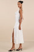 Matea White Polka Dot Satin Cowl Tie-Back Midi Dress