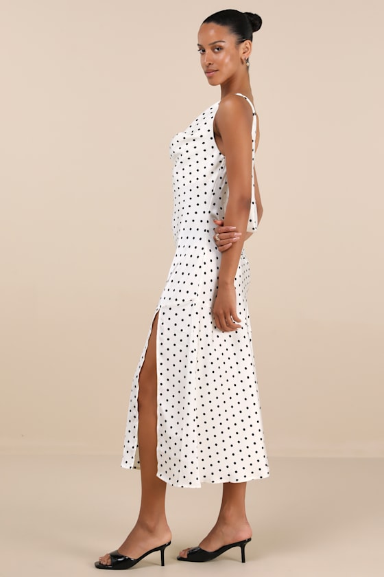 Matea White Polka Dot Satin Cowl Tie-Back Midi Dress