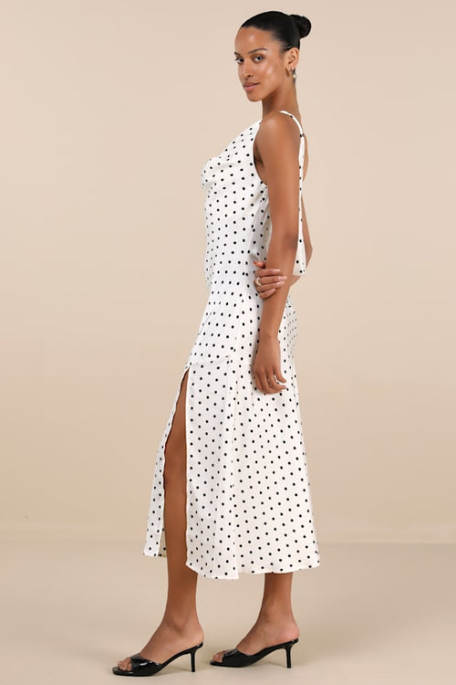 Matea White Polka Dot Satin Cowl Tie-Back Midi Dress