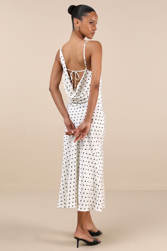 Matea White Polka Dot Satin Cowl Tie-Back Midi Dress