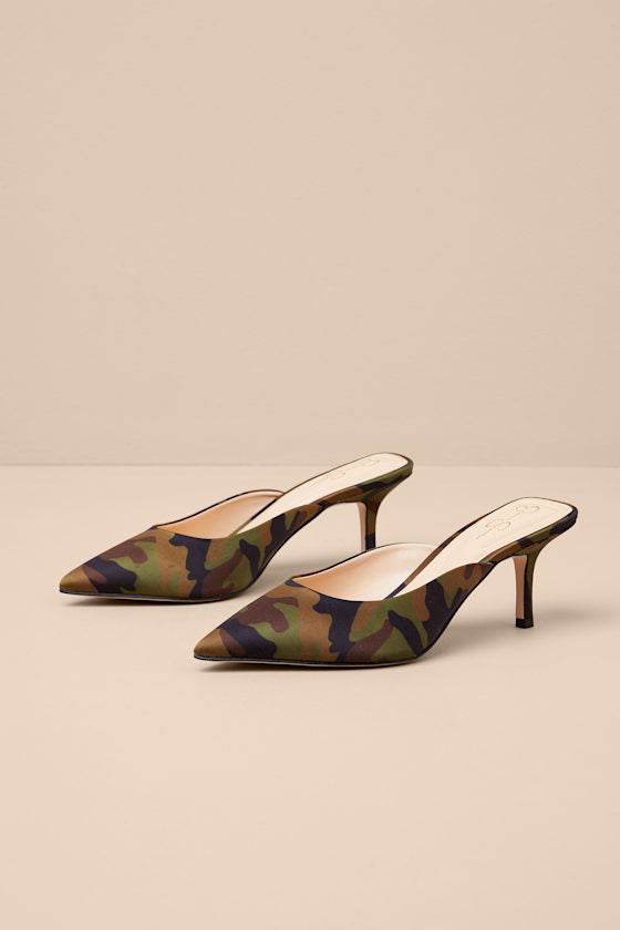 Belvaen Forest Camo Satin Mule Pumps
