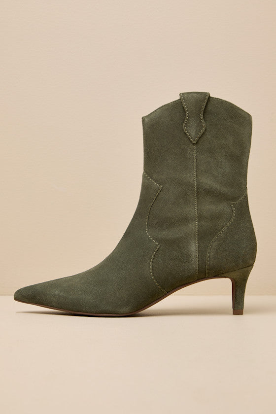 Dallas Olive Suede Leather Western Kitten Heel Booties