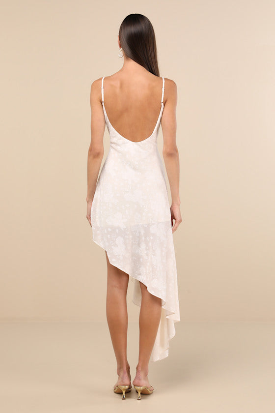 Lilla Ivory Floral Jacquard Asymmetrical Midi Dress