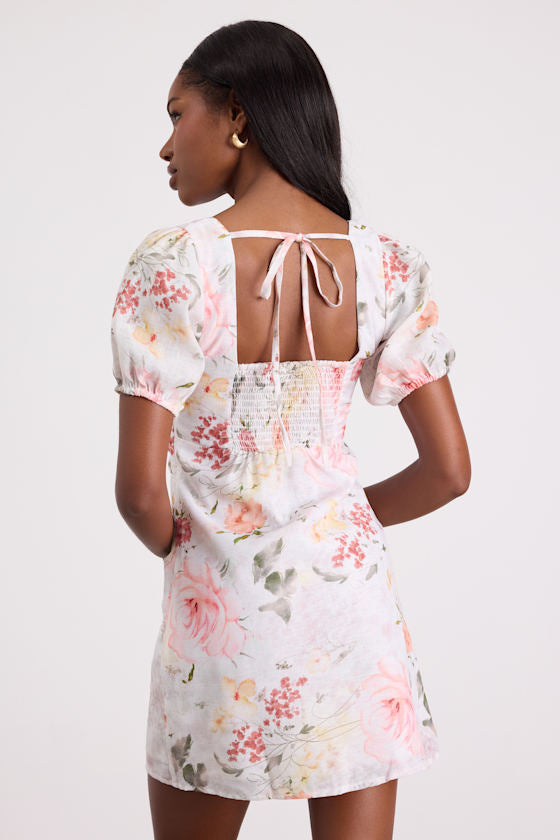 Kenlee Ivory Floral Puff Sleeve Mini Dress