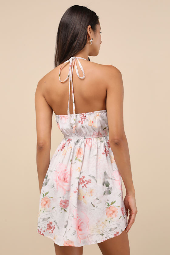 Alwynn Ivory Floral Halter Mini Dress