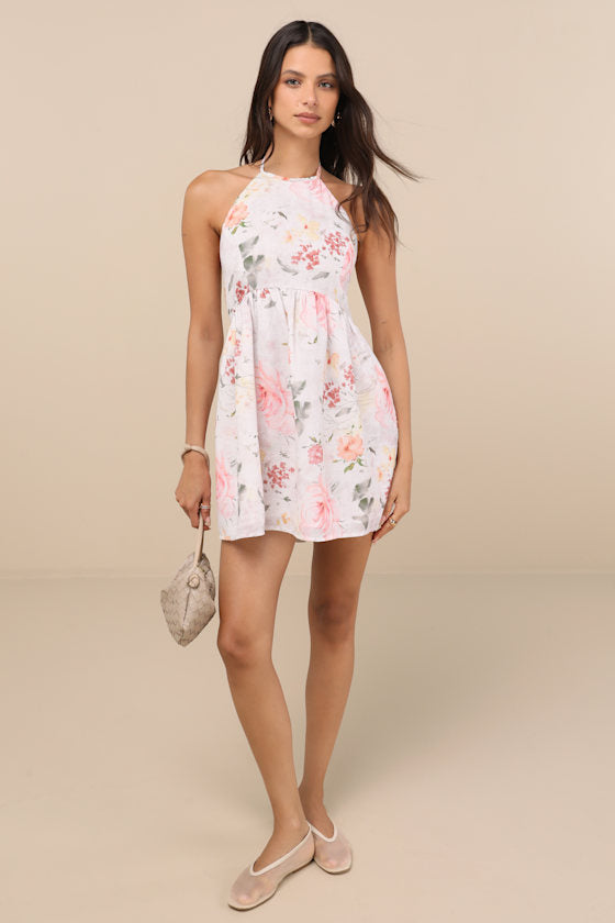 Alwynn Ivory Floral Halter Mini Dress