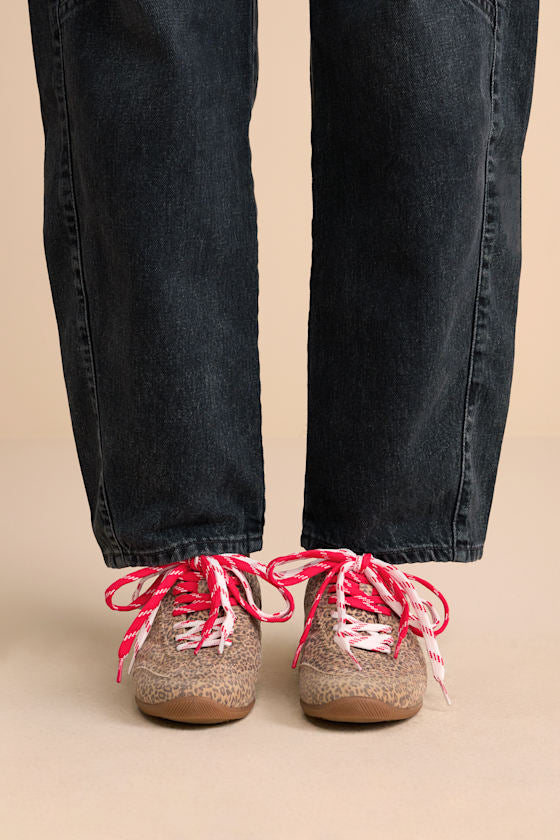 Laini Tan Leopard Printed Suede Leather Lace-Up Sneakers