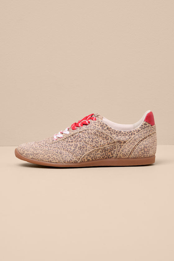 Laini Tan Leopard Printed Suede Leather Lace-Up Sneakers