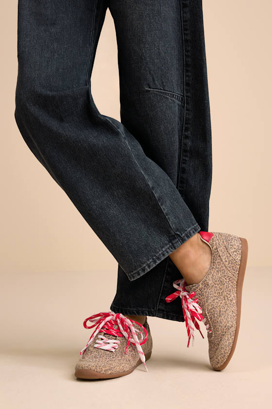 Laini Tan Leopard Printed Suede Leather Lace-Up Sneakers
