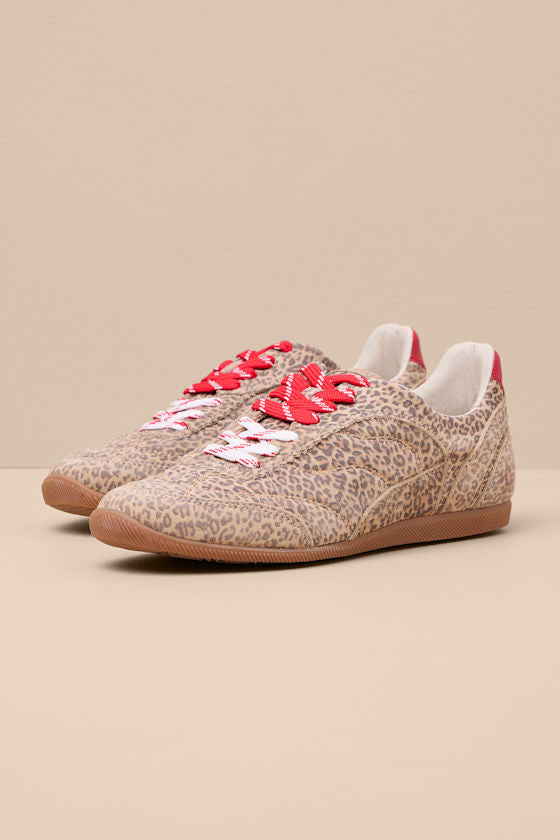 Laini Tan Leopard Printed Suede Leather Lace-Up Sneakers