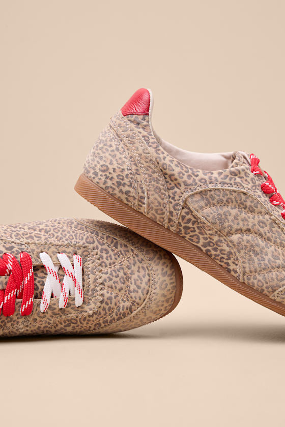 Laini Tan Leopard Printed Suede Leather Lace-Up Sneakers