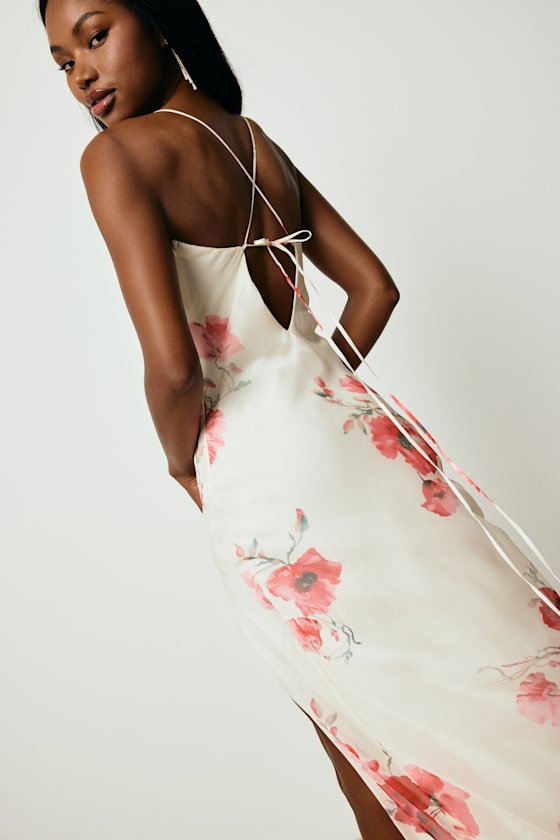 Dansy Light Beige Floral Cowl Neck Tie-Back Maxi Dress