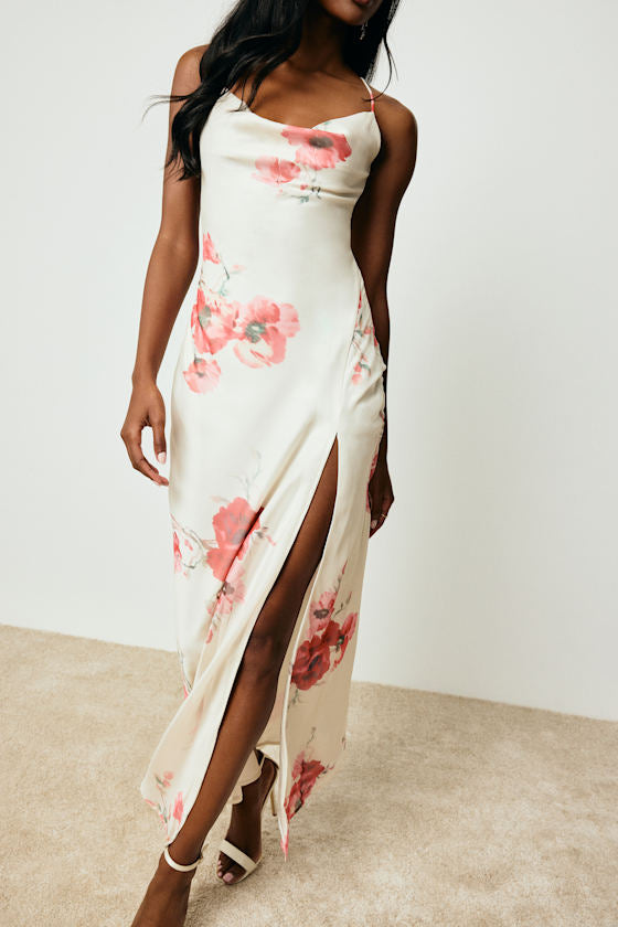 Dansy Light Beige Floral Cowl Neck Tie-Back Maxi Dress