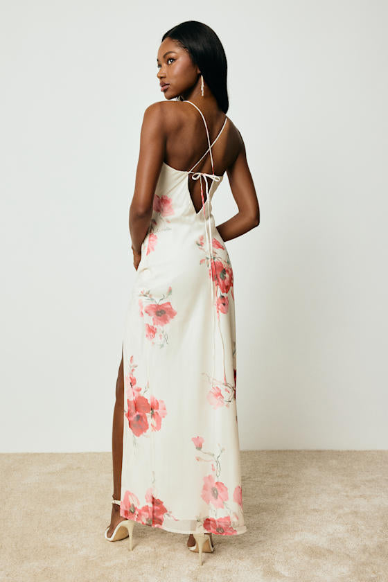 Dansy Light Beige Floral Cowl Neck Tie-Back Maxi Dress